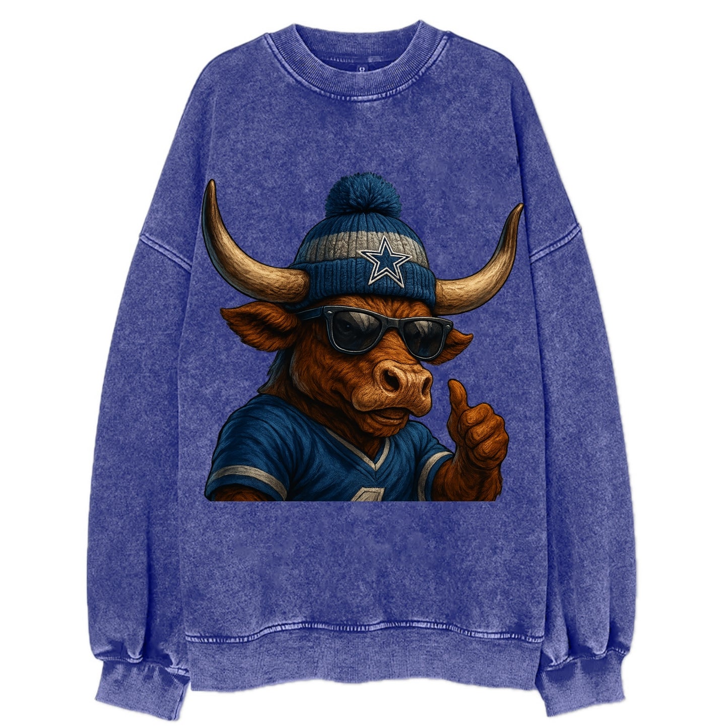 Texas Longhorn wearing Cowboys silver and blue beanie with star and wayfarer - Vintage Sweatshirt - Blue