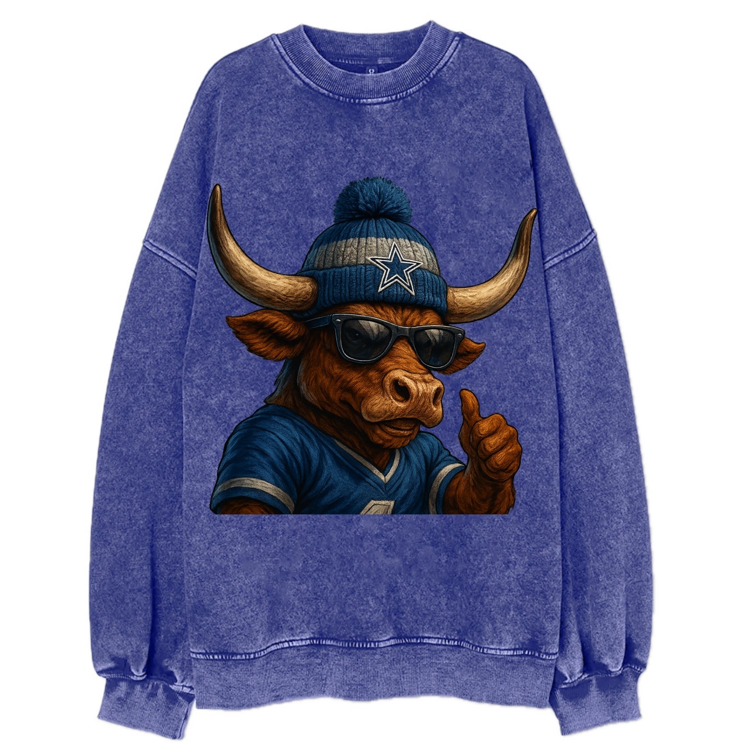 Texas Longhorn wearing Cowboys silver and blue beanie with star and wayfarer - Vintage Sweatshirt - Blue