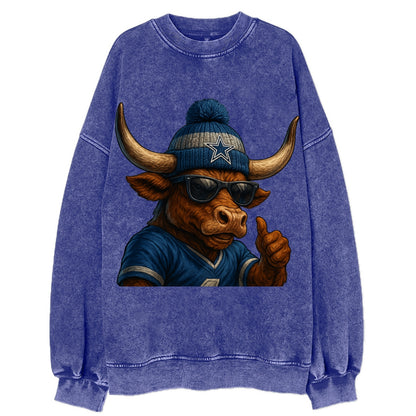 Texas Longhorn wearing Cowboys silver and blue beanie with star and wayfarer - Vintage Sweatshirt - Blue