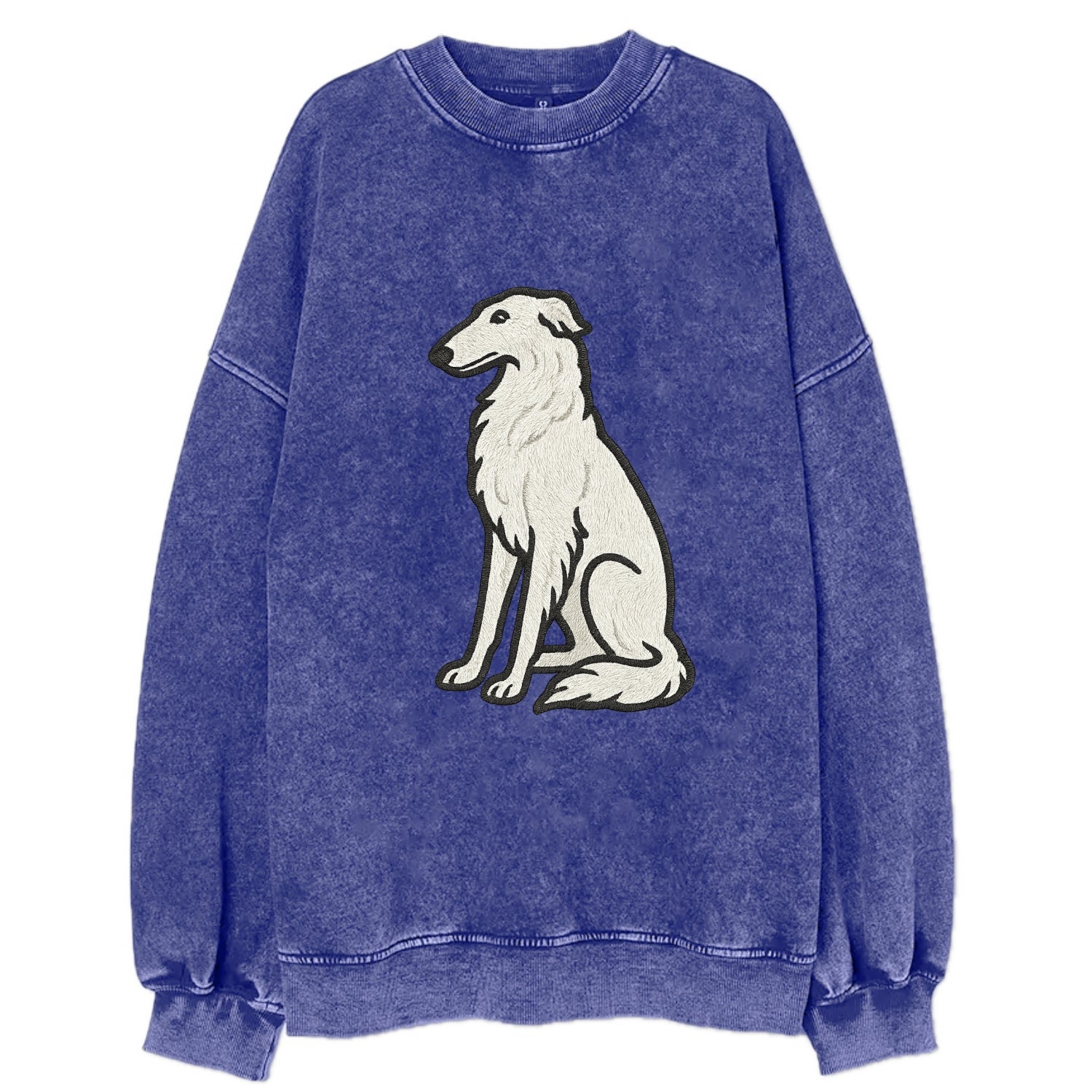 Borzoi - White embroidered sitting pose - Vintage Sweatshirt - Blue