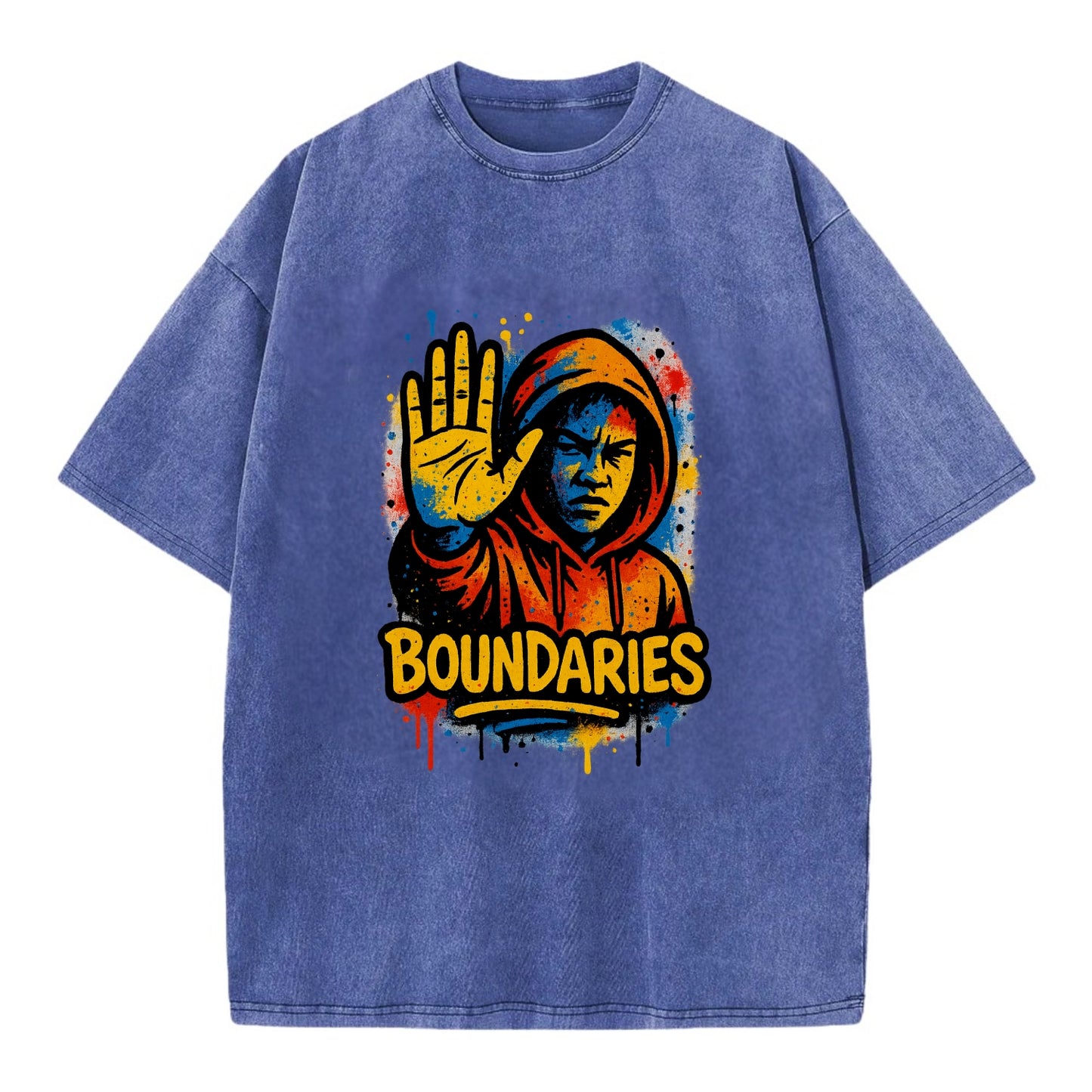Person holding up hand in "stop" gesture - setting boundaries concept, - Vintage T-shirt - Blue
