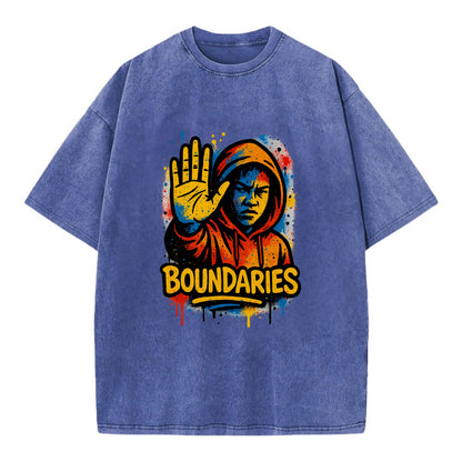 Person holding up hand in "stop" gesture - setting boundaries concept, - Vintage T-shirt - Blue