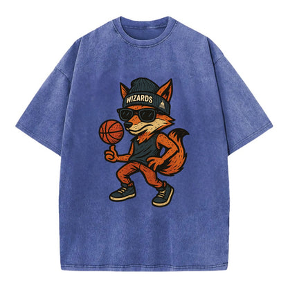 Washington Fox wearing Wizards beanie with capitol patch and wayfarer sunglasses - Vintage T-shirt - Blue
