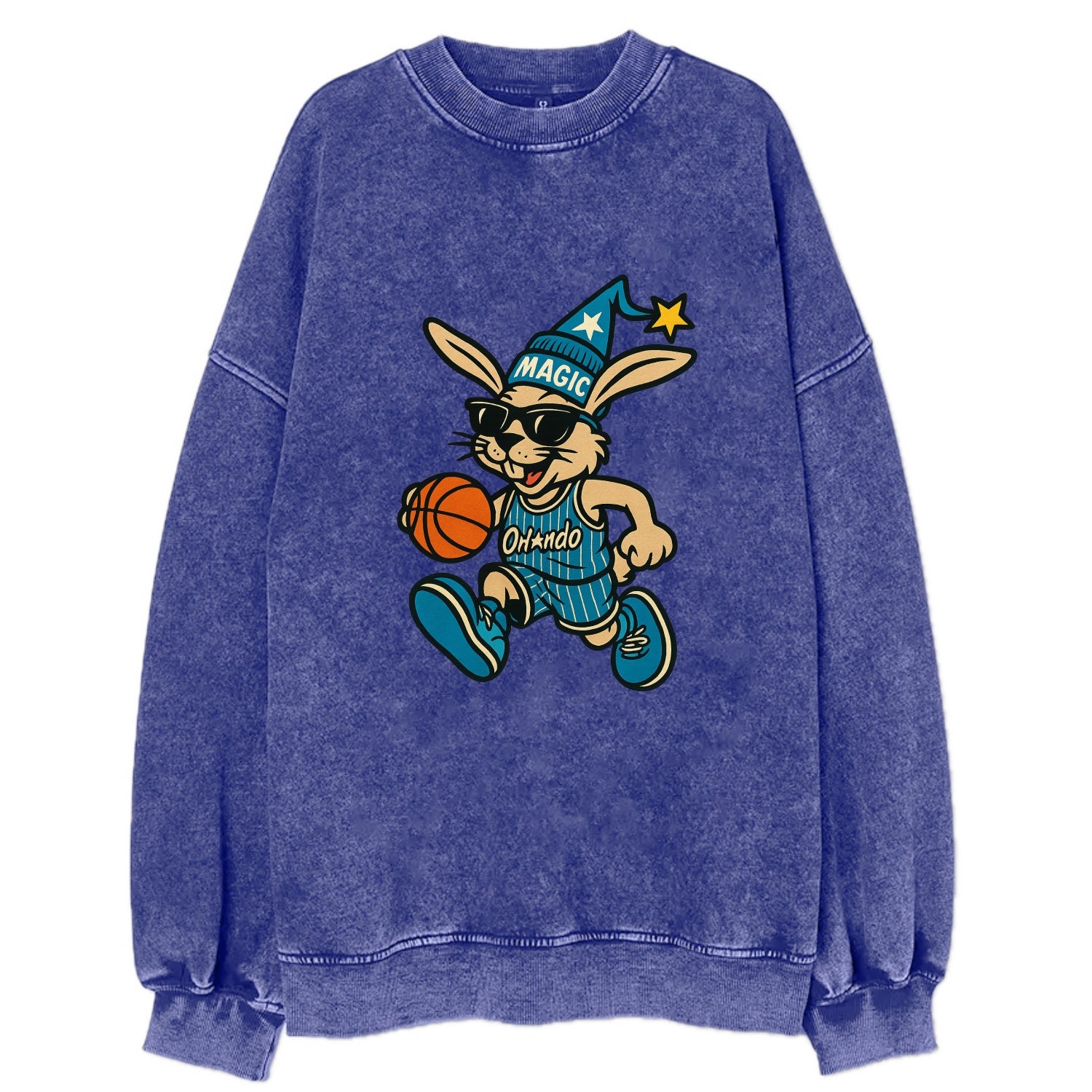 Orlando Rabbit wearing Magic blue and silver beanie with wizard hat and - Vintage Sweatshirt - Blue
