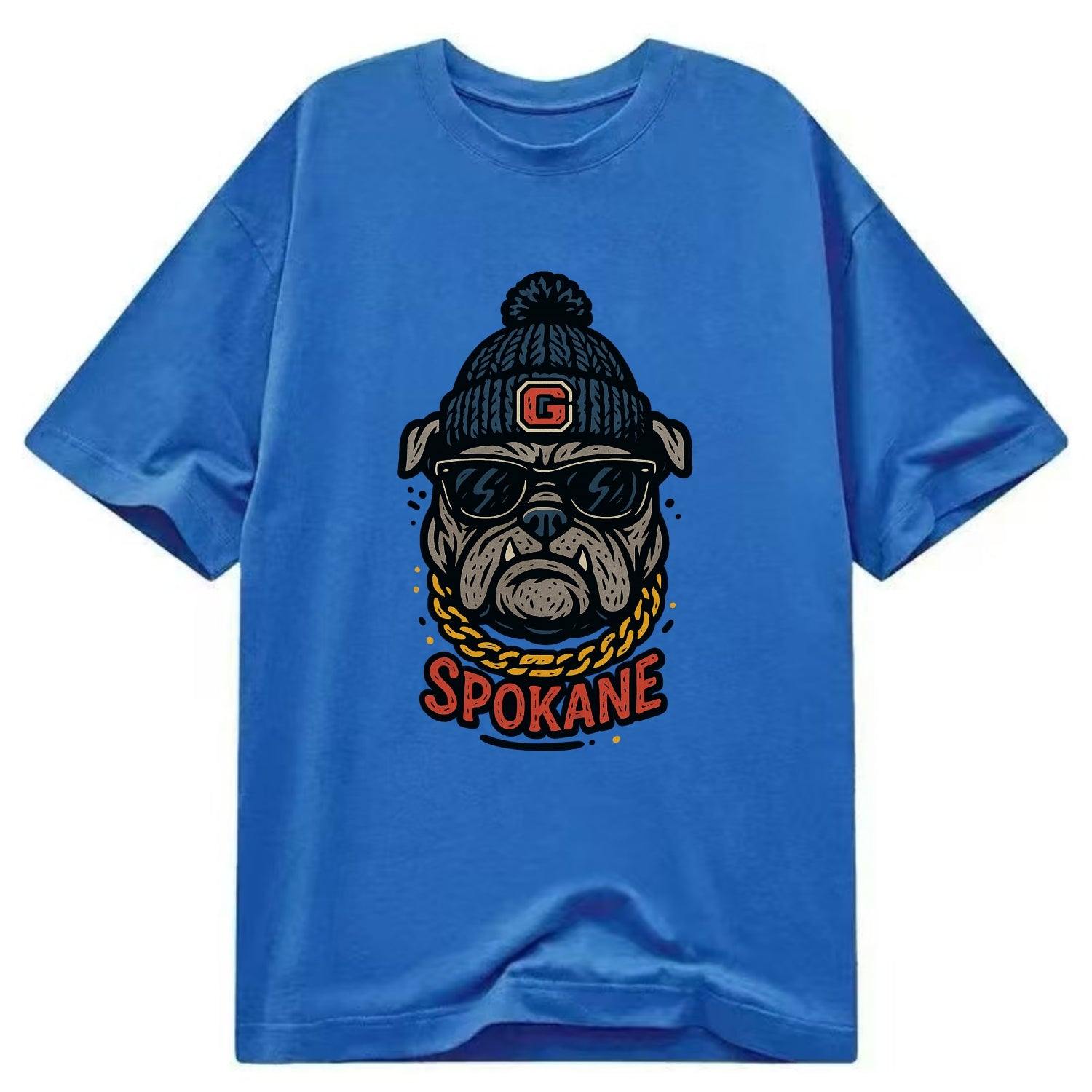 Spokane Bulldog wearing Gonzaga beanie with G patch - Classic T-shirt - Blue