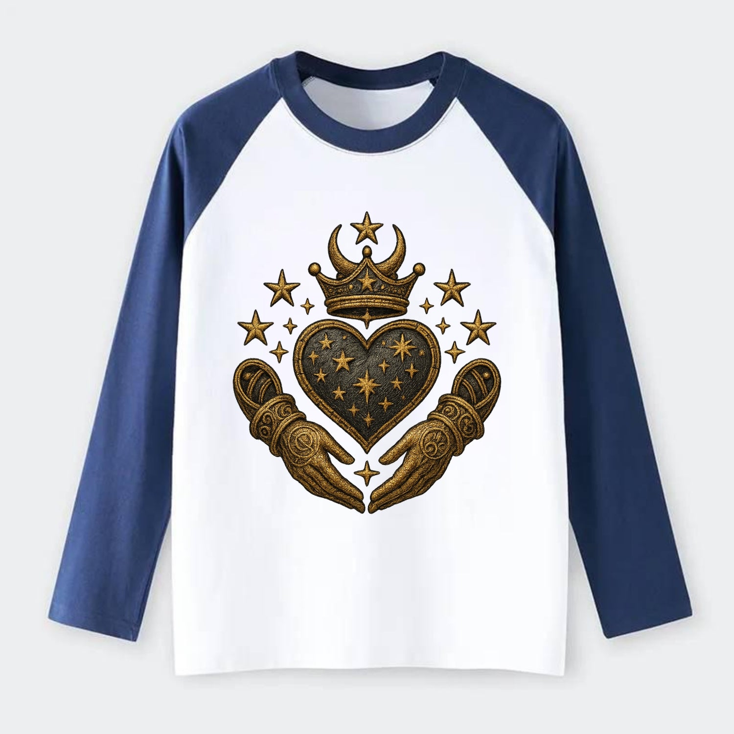 Weathered antique brass crown above a hammered gunmetal heart framed - Raglan Long Sleeve T-Shirt - Blue