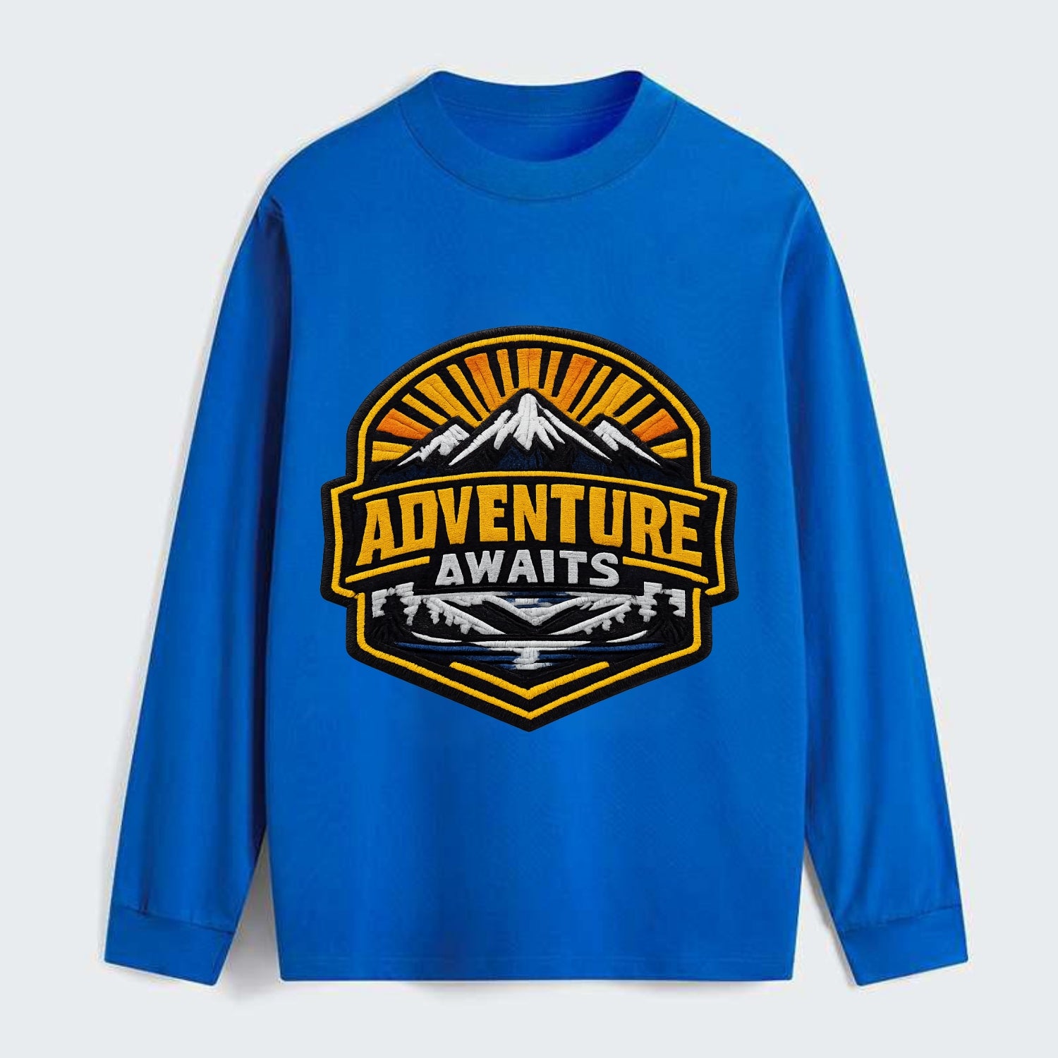ADVENTURE AWAITS - mountain sunrise with text in gold and blue , - Classic Long Sleeve Shirt - Blue