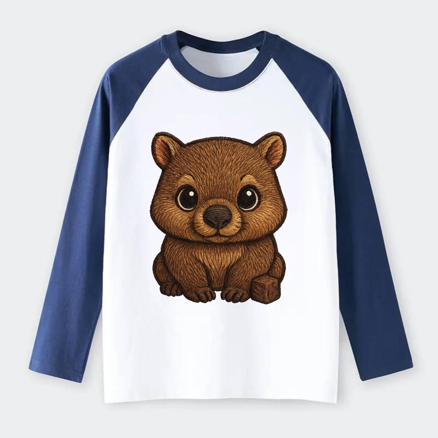 Baby Wombat - brown fur, square nose, small ears, dark eyes, - Raglan Long Sleeve T-Shirt - Blue