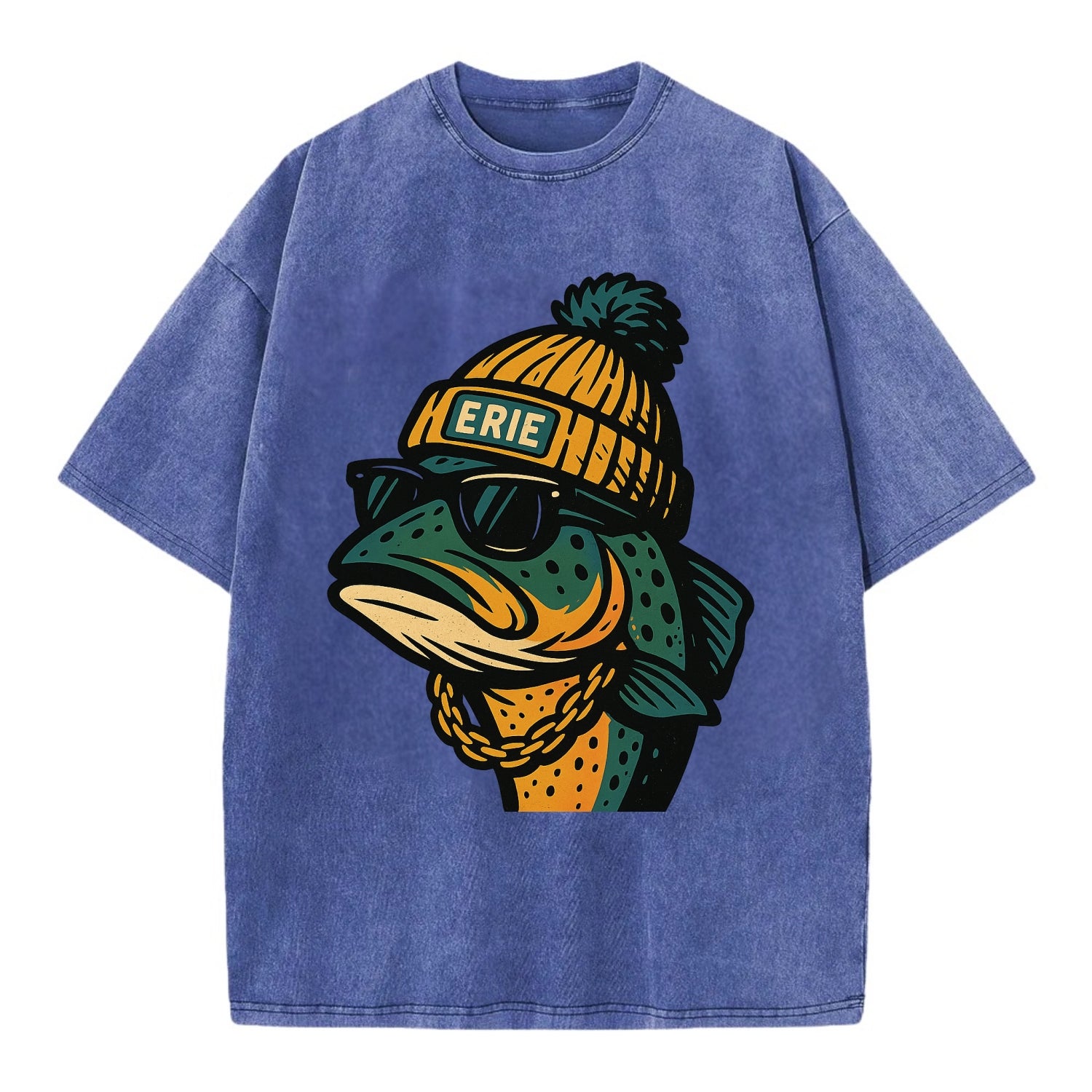 Erie Lake Trout wearing Erie beanie with pom pom and wayfarer sunglasses - Vintage T-shirt - Blue