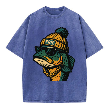 Erie Lake Trout wearing Erie beanie with pom pom and wayfarer sunglasses - Vintage T-shirt - Blue