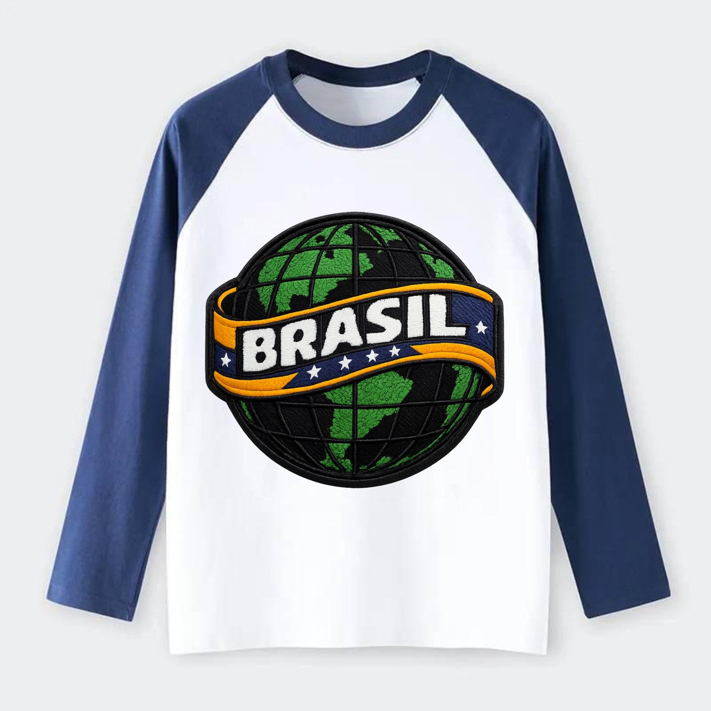 BRAZILIAN FLAG GLOBE - green globe with banner in green yellow blue , - Raglan Long Sleeve T-Shirt - Blue