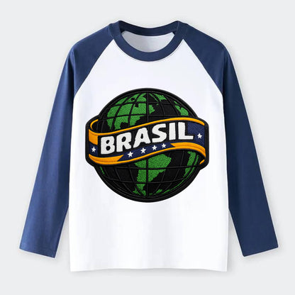 BRAZILIAN FLAG GLOBE - green globe with banner in green yellow blue , - Raglan Long Sleeve T-Shirt - Blue