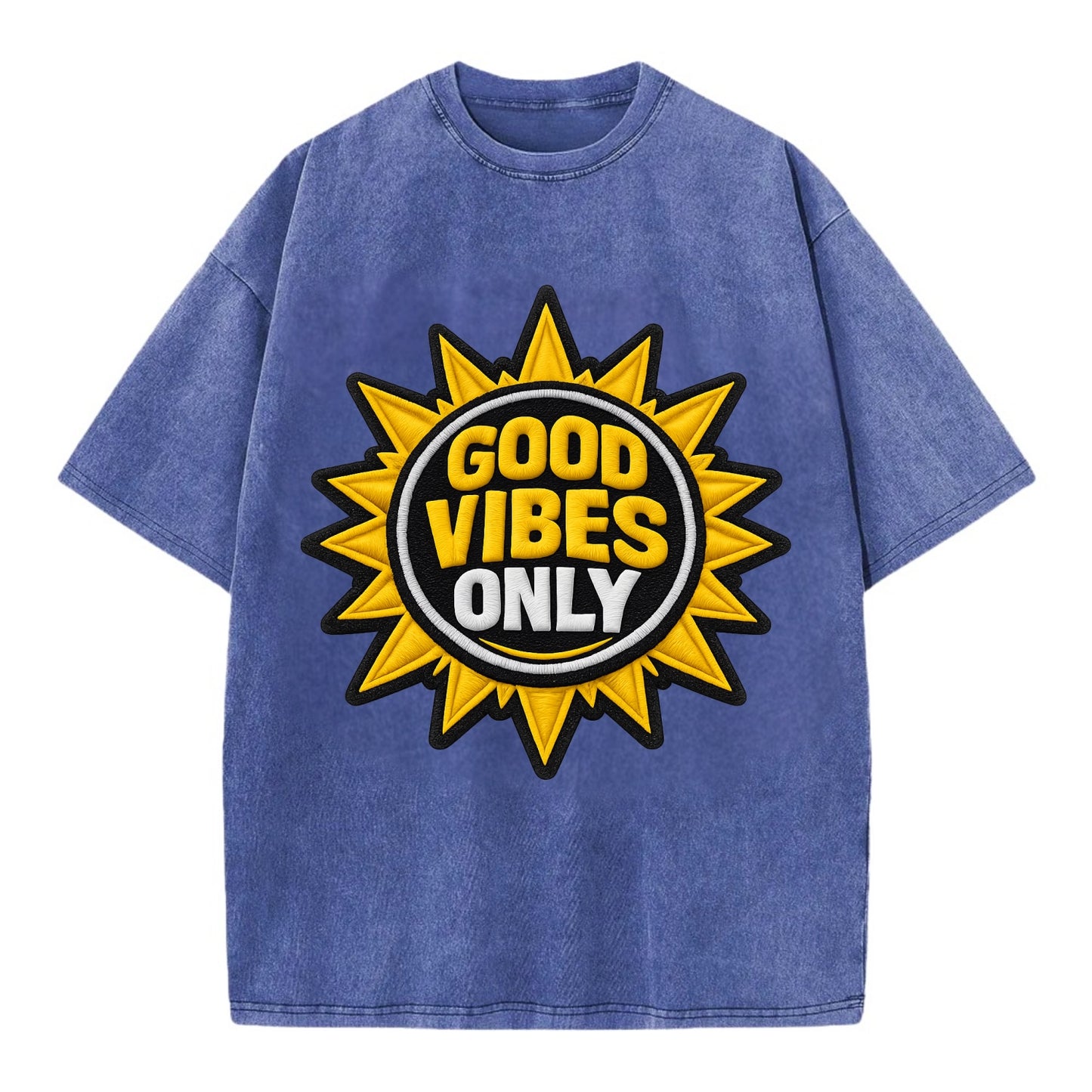 GOOD VIBES ONLY - sun with text in yellow , positive energy - Vintage T-shirt - Blue