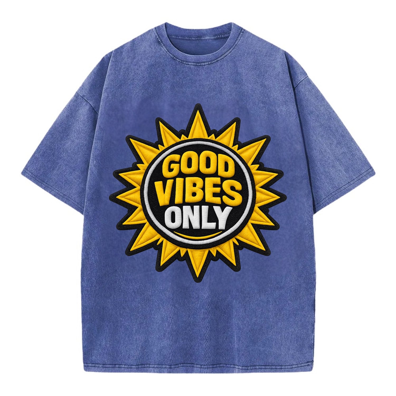 GOOD VIBES ONLY - sun with text in yellow , positive energy - Vintage T-shirt - Blue