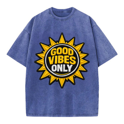 GOOD VIBES ONLY - sun with text in yellow , positive energy - Vintage T-shirt - Blue