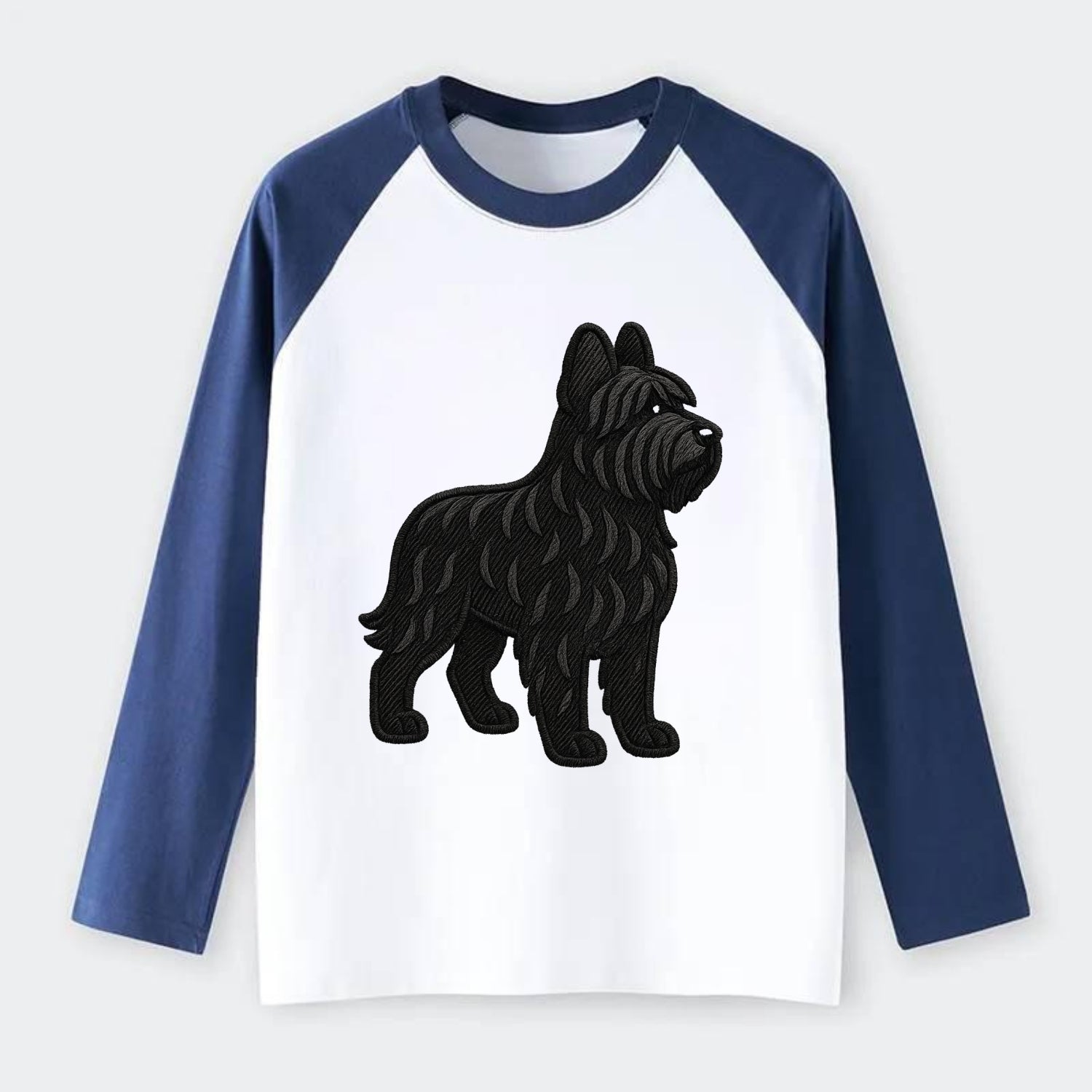 Briard - Black wavy coat embroidered herding pose - Raglan Long Sleeve T-Shirt - Blue