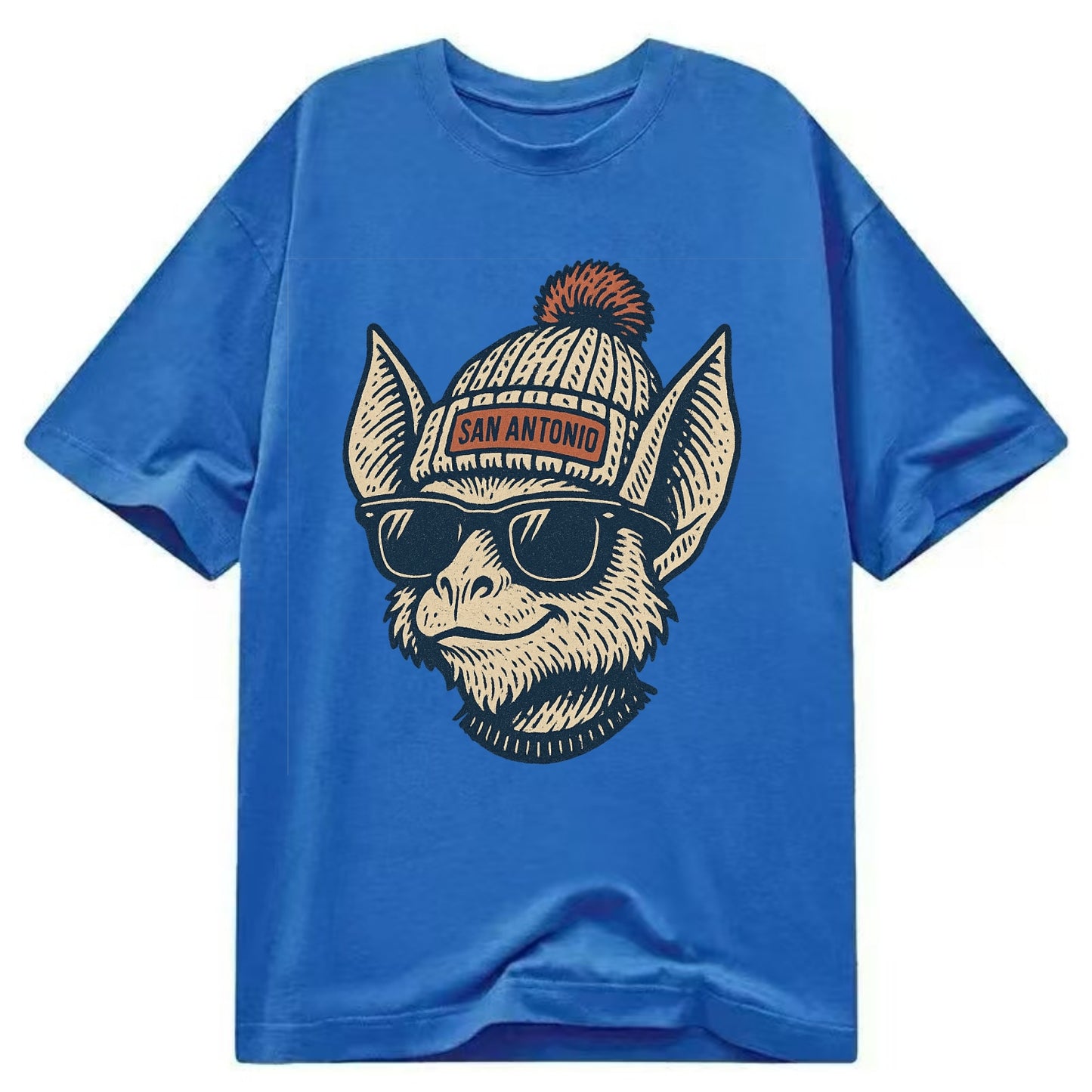 San Antonio Bat wearing San Antonio beanie with pom pom and wayfarer sunglasses - Classic T-shirt - Blue