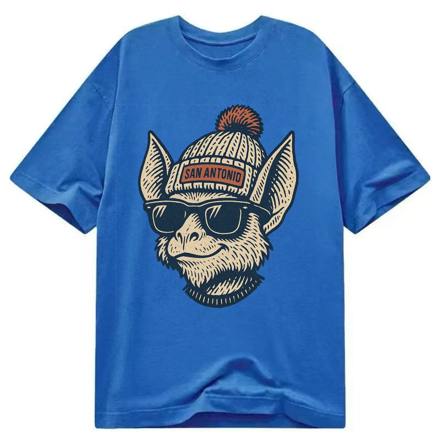 San Antonio Bat wearing San Antonio beanie with pom pom and wayfarer sunglasses - Classic T-shirt - Blue