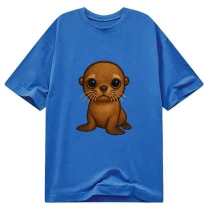Baby California Sea Lion - golden brown, large expressive eyes, whiskers, - Classic T-shirt - Blue