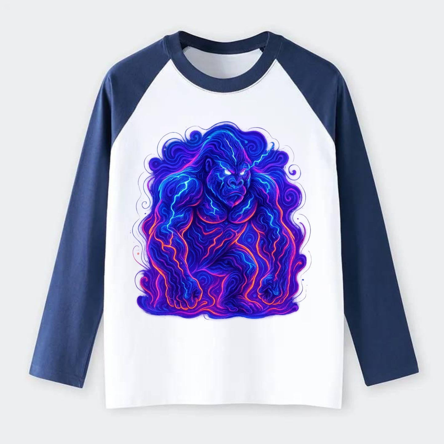 Mighty gorilla with electricity flowing through defined muscles, - Raglan Long Sleeve T-Shirt - Blue