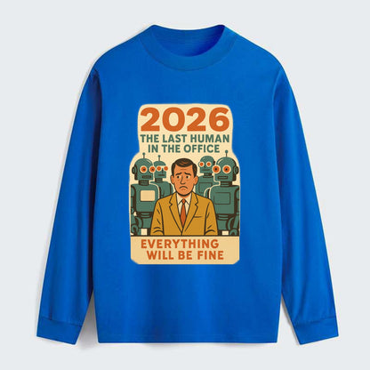 Single human worker surrounded by robot coworkers - "The last human in - Classic Long Sleeve Shirt - Blue