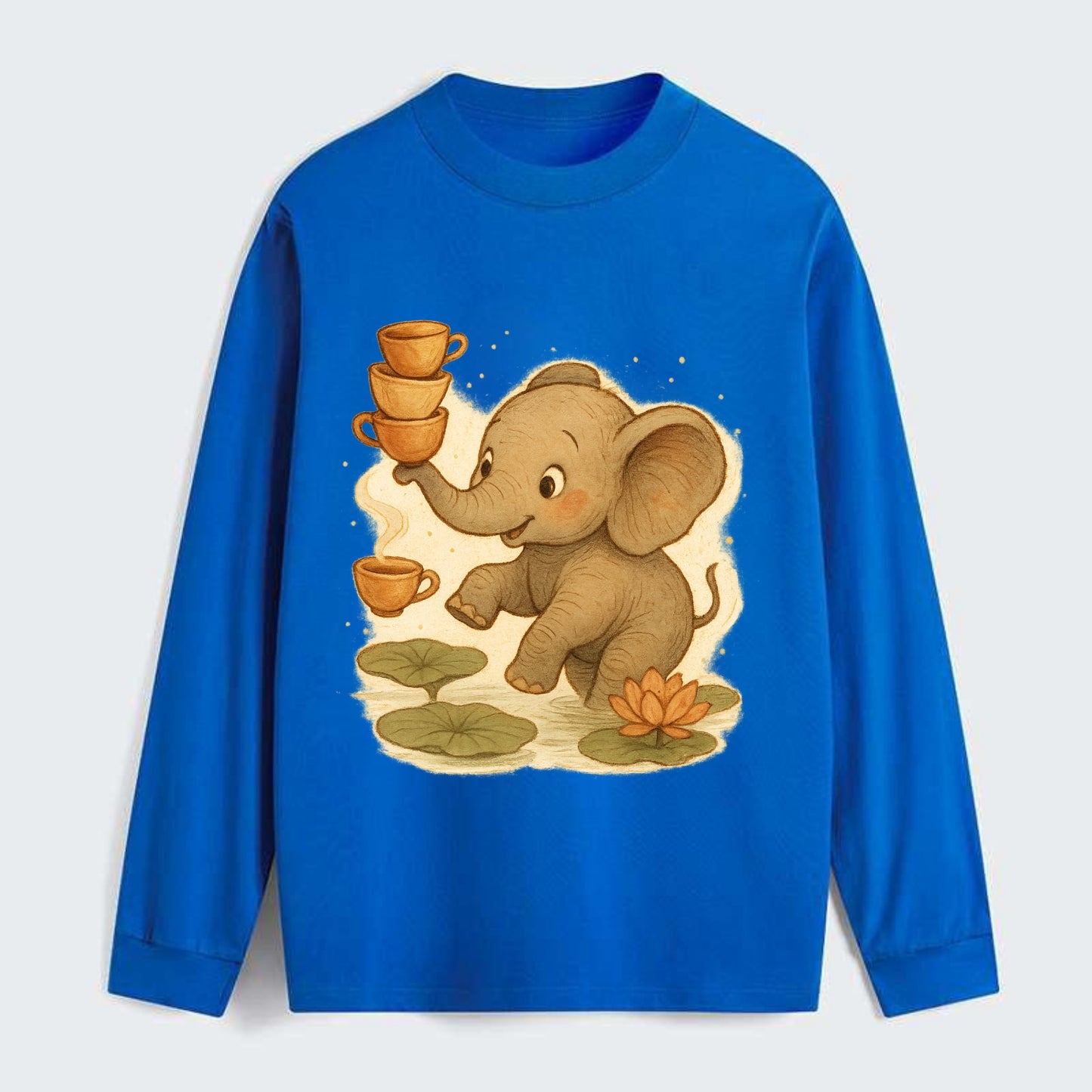 Elephant balancing teacups during a floating tea ceremony beside lotus - Classic Long Sleeve Shirt - Blue