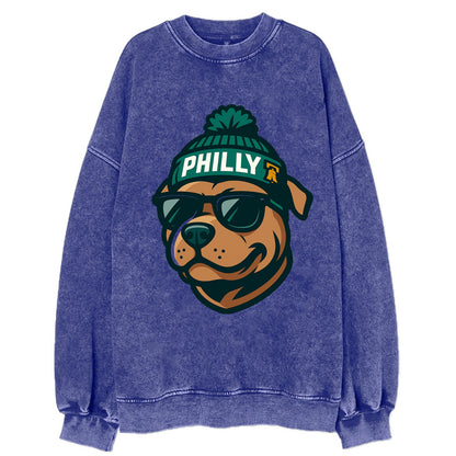 Philly Pitbull wearing Eagles beanie with Liberty Bell patch and wayfarer - Vintage Sweatshirt - Blue
