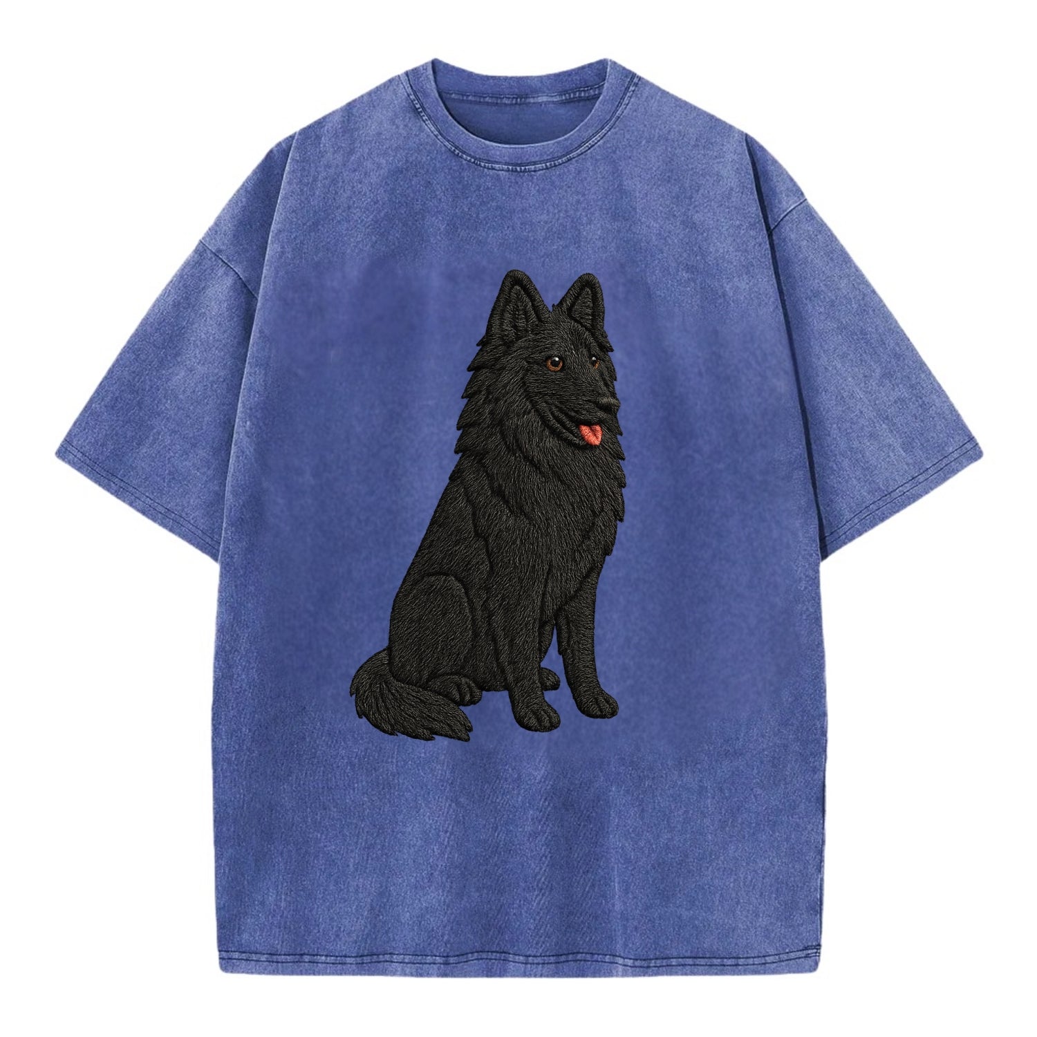 Belgian Sheepdog - Black long-haired embroidered pose - Vintage T-shirt - Blue