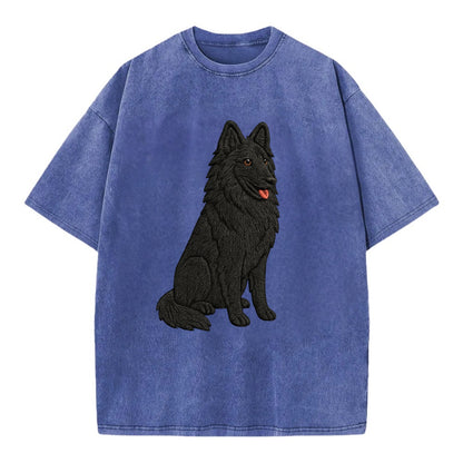 Belgian Sheepdog - Black long-haired embroidered pose - Vintage T-shirt - Blue