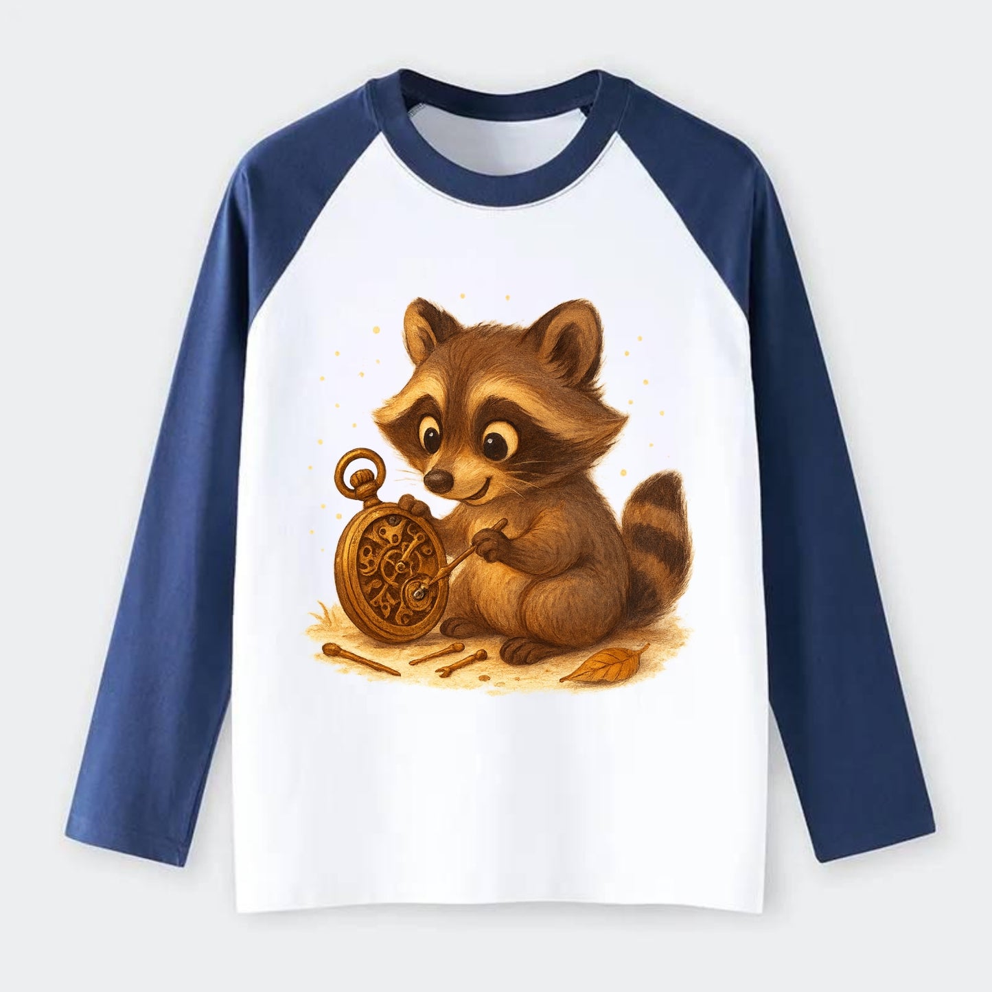 Raccoon tinkering with a steampunk pocket watch using tiny brass tools - Raglan Long Sleeve T-Shirt - Blue