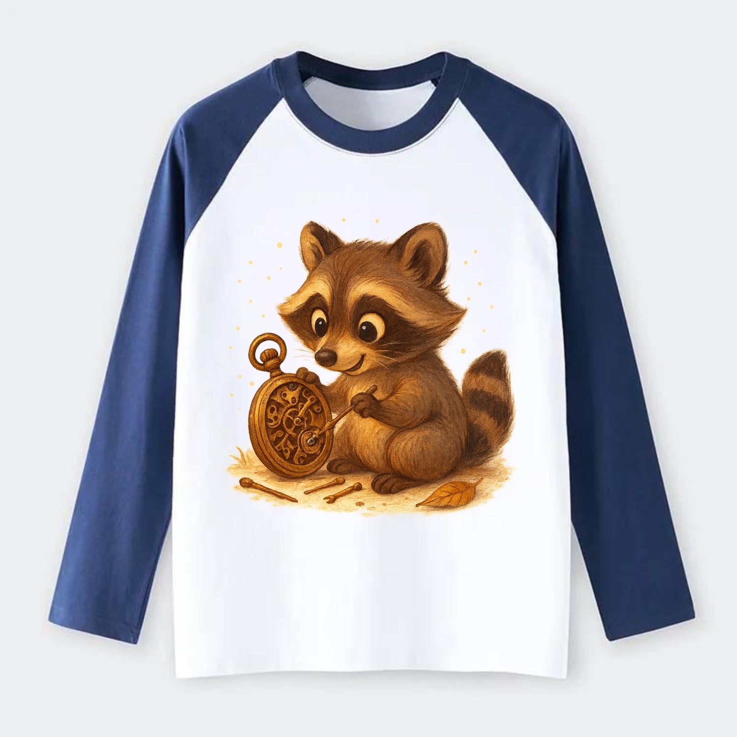 Raccoon tinkering with a steampunk pocket watch using tiny brass tools - Raglan Long Sleeve T-Shirt - Blue