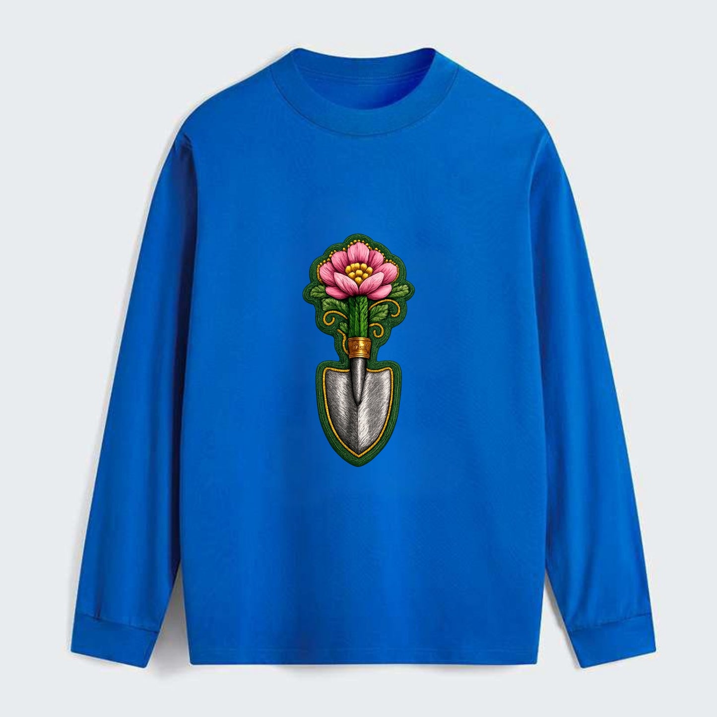 Embroidered patch design - GARDENING TROWEL FLOWER - garden tool with - Classic Long Sleeve Shirt - Blue