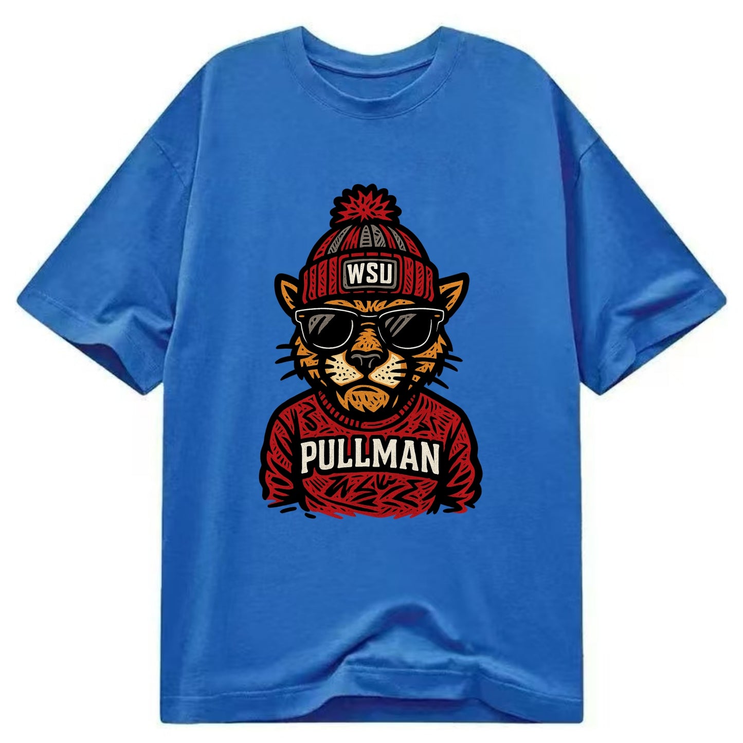 Pullman Cougar wearing Washington State beanie with WSU patch - Classic T-shirt - Blue