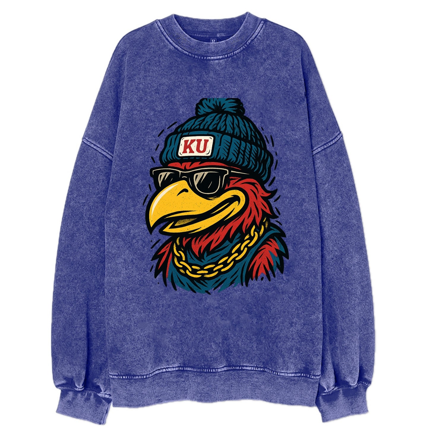 Lawrence Jayhawk wearing Kansas beanie with KU patch - Vintage Sweatshirt - Blue