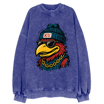 Lawrence Jayhawk wearing Kansas beanie with KU patch - Vintage Sweatshirt - Blue