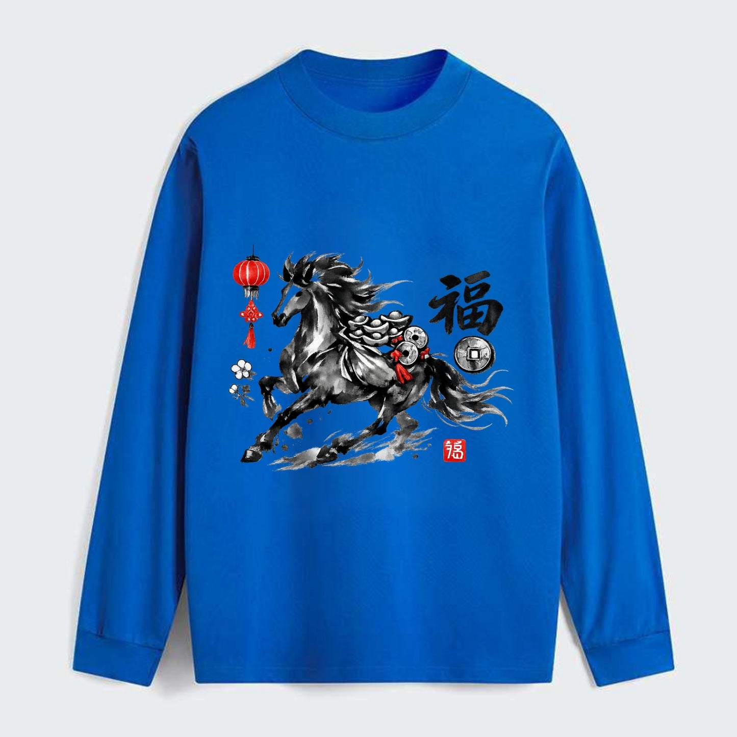 PROSPERITY HORSE | Horse carrying gold ingots and coins | Chinese knot - Classic Long Sleeve Shirt - Blue