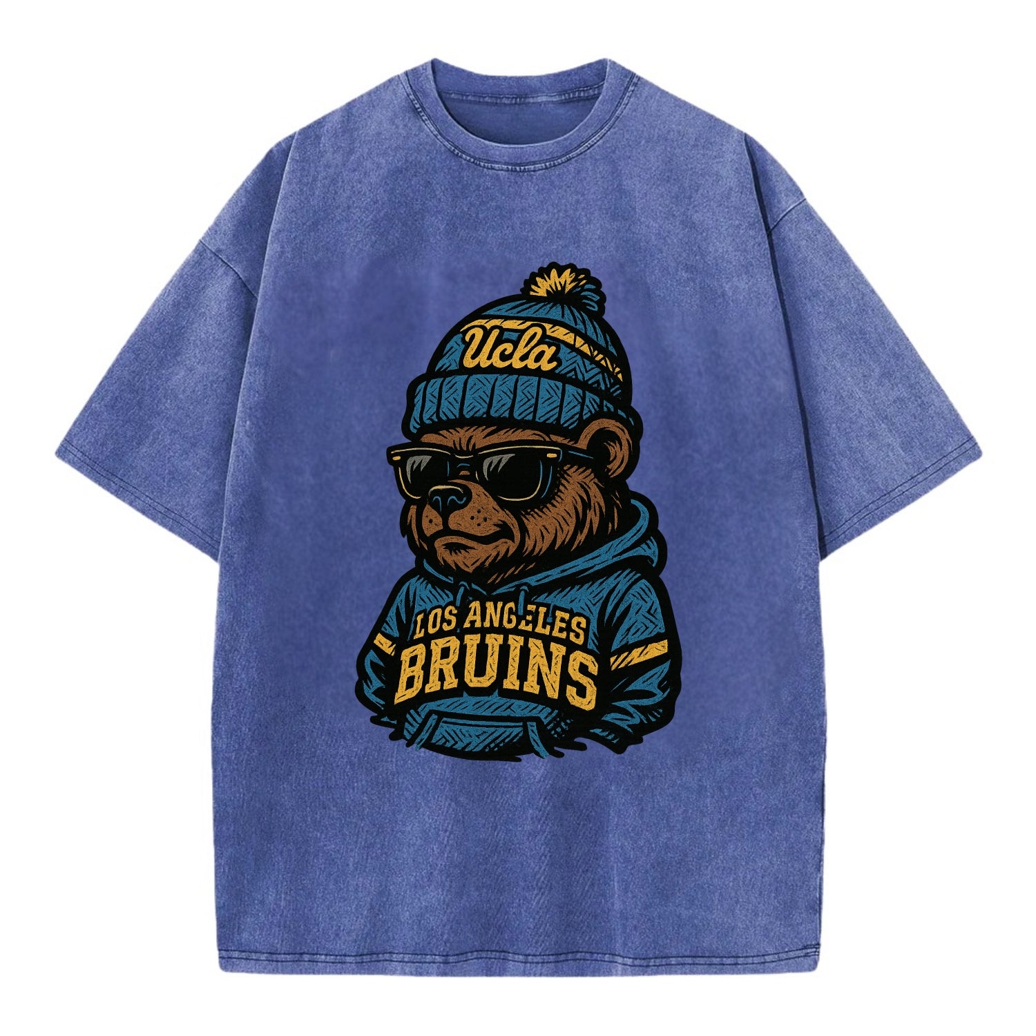 Los Angeles Bruin wearing UCLA beanie with script patch - Vintage T-shirt - Blue