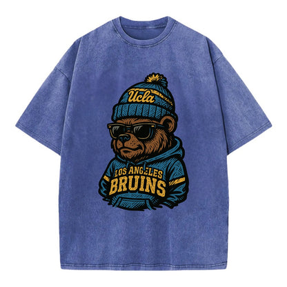 Los Angeles Bruin wearing UCLA beanie with script patch - Vintage T-shirt - Blue