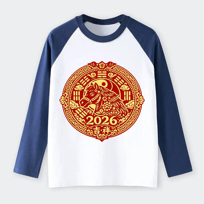 LUCKY HORSE MEDALLION | Circular medallion with horse profile | - Raglan Long Sleeve T-Shirt - Blue