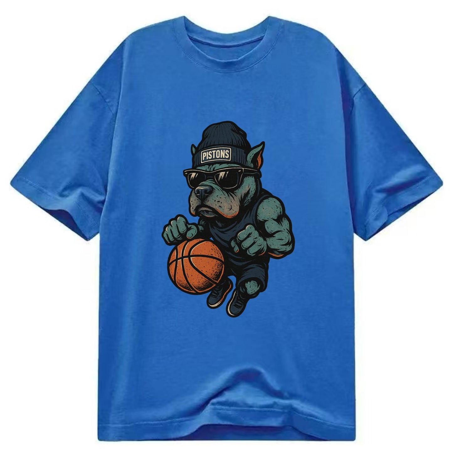 Detroit Pitbull wearing Pistons beanie with chrome patch and wayfarer sunglasses - Classic T-shirt - Blue