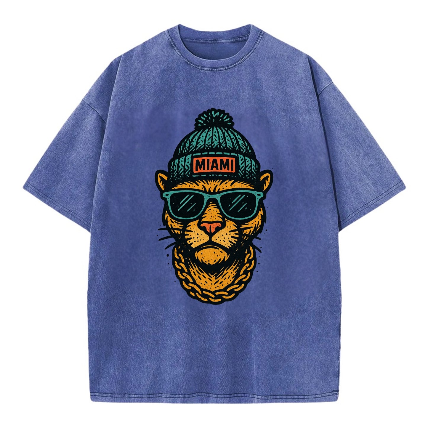 Florida Panther wearing Miami beanie with pom pom and wayfarer sunglasses - Vintage T-shirt - Blue