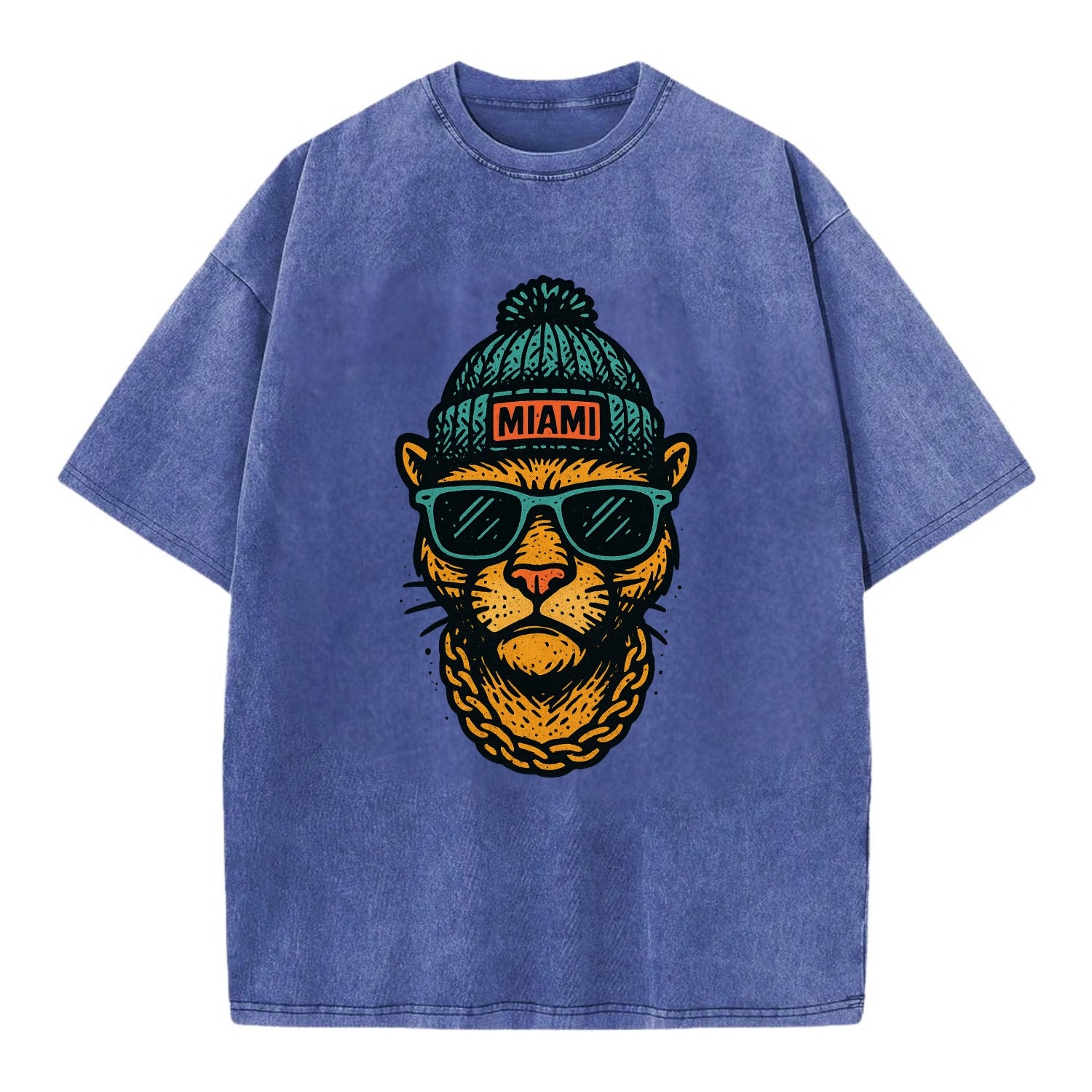 Florida Panther wearing Miami beanie with pom pom and wayfarer sunglasses - Vintage T-shirt - Blue
