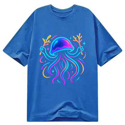 Jellyfish conducting a glow orchestra using coral batons in deep ocean concert - Classic T-shirt - Blue