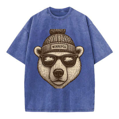 Winnipeg Polar Bear wearing Winnipeg beanie with pom pom and wayfarer sunglasses - Vintage T-shirt - Blue