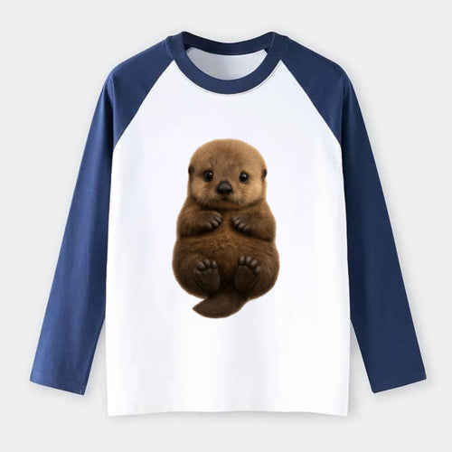 Baby Sea Otter - brown fluffy, floating on back, tiny paws, bright - Raglan Long Sleeve T-Shirt