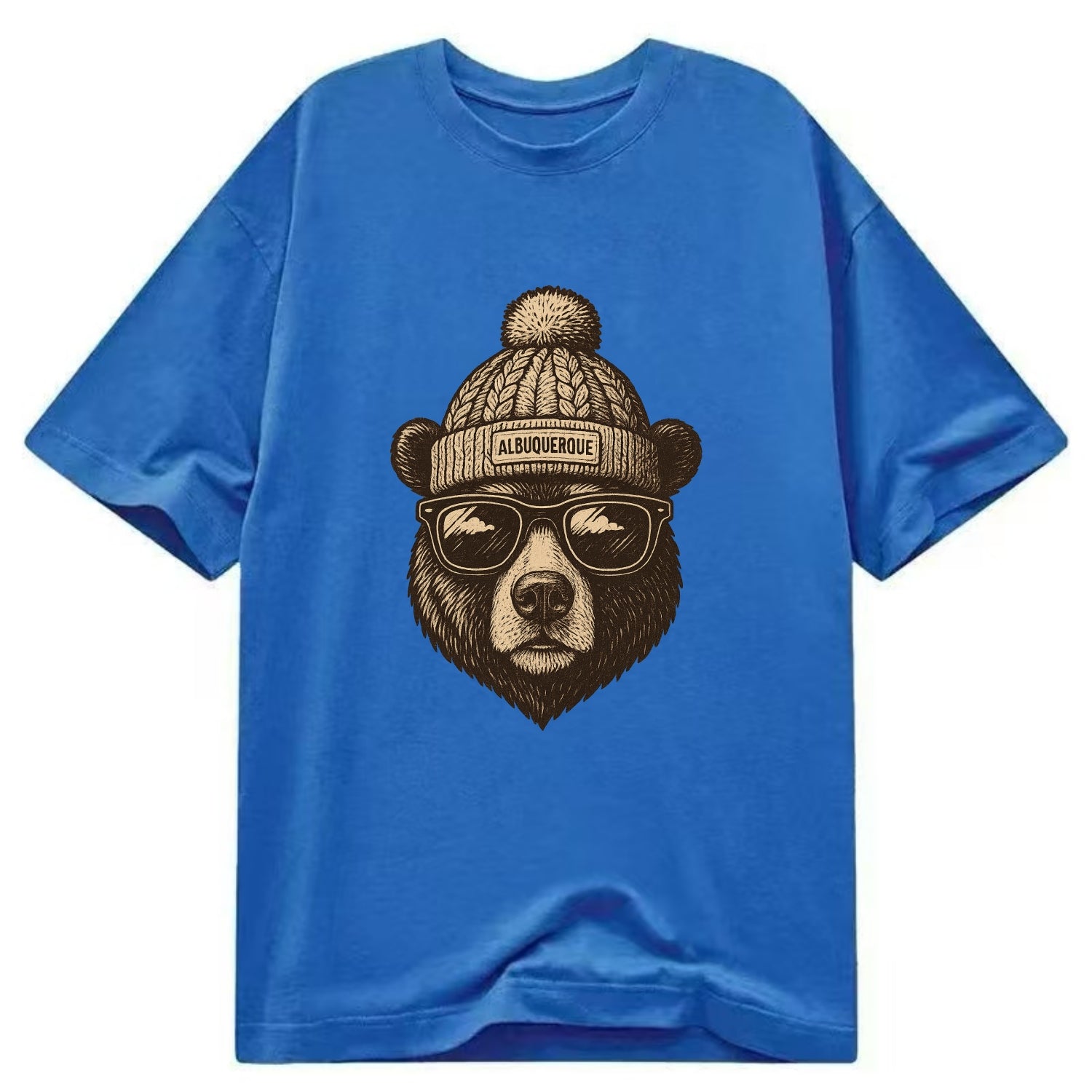 New Mexico Black Bear wearing Albuquerque beanie with pom pom and wayfarer - Classic T-shirt - Blue