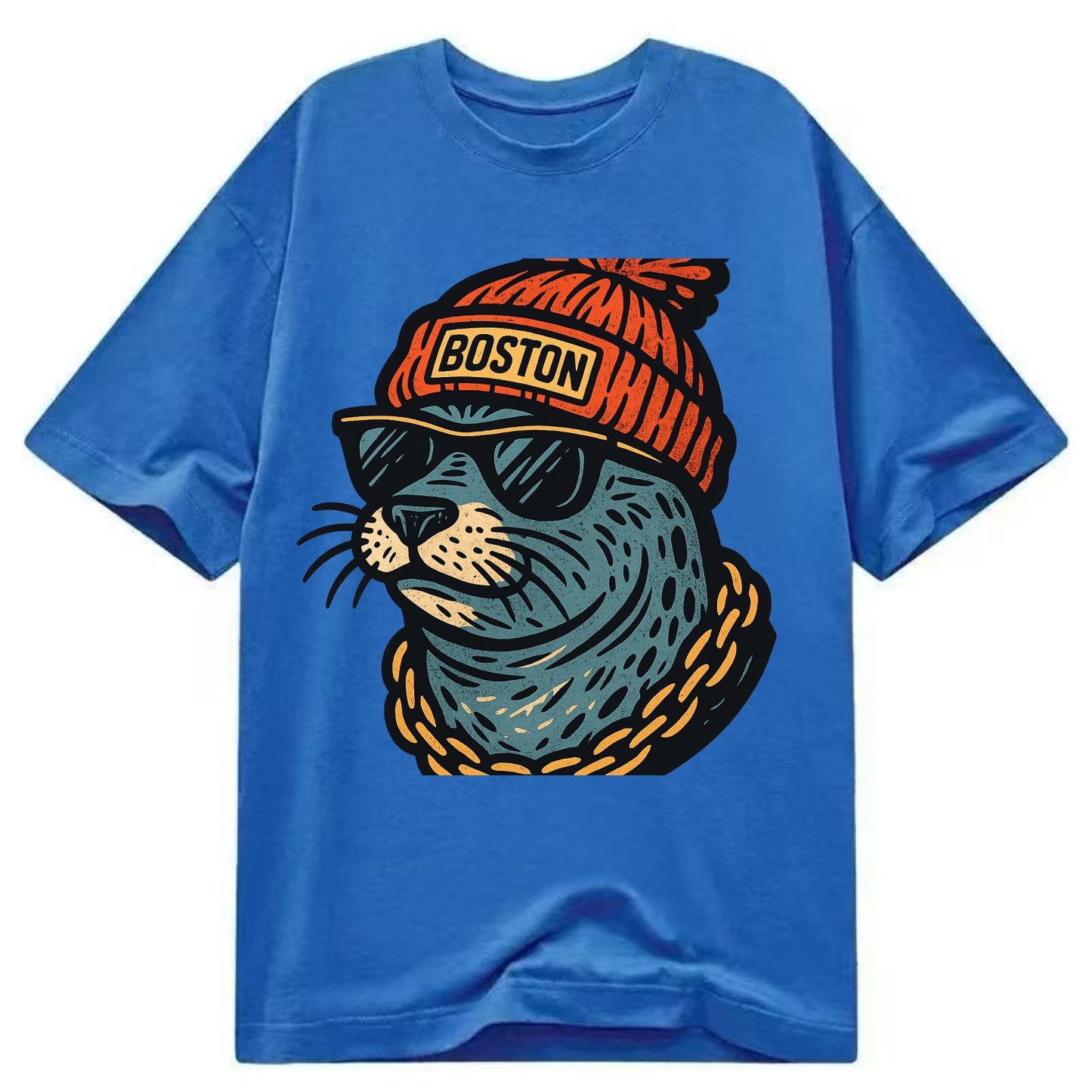 Boston Harbor Seal wearing Boston beanie with pom pom and wayfarer sunglasses - Classic T-shirt - Blue