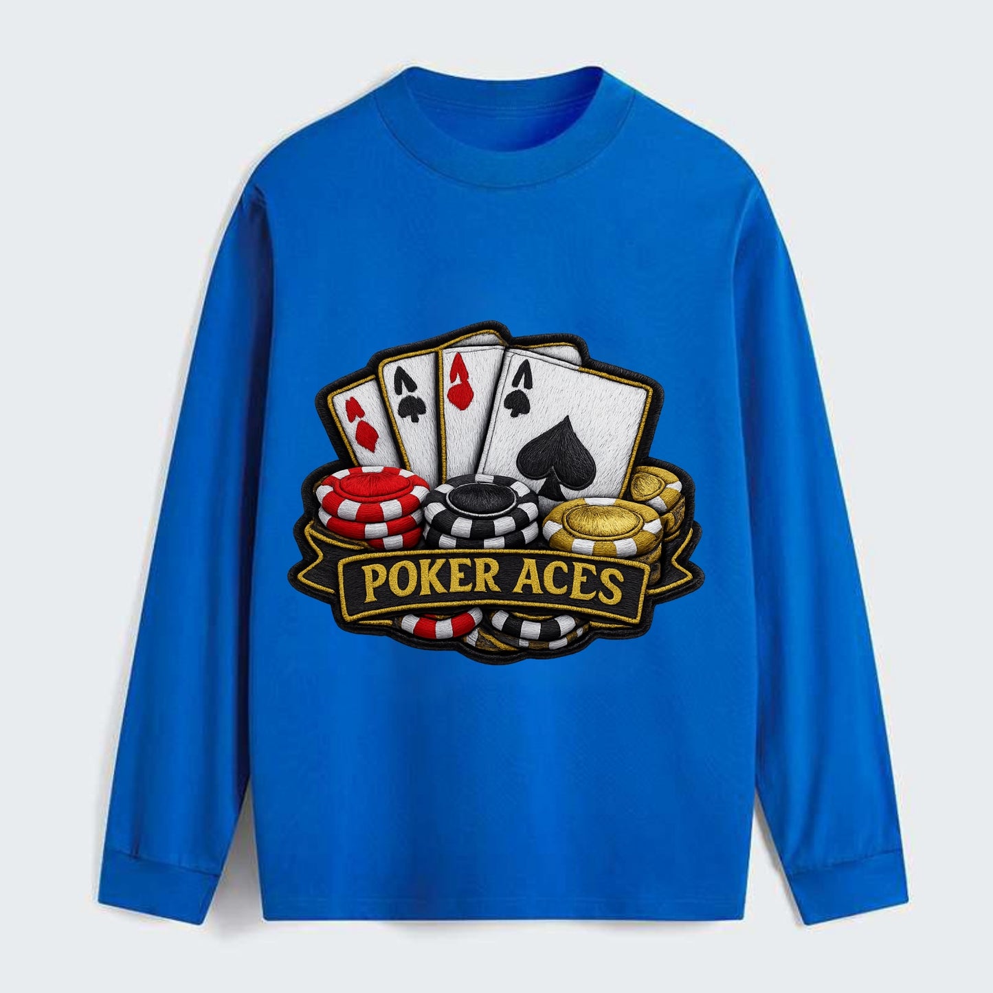 Embroidered patch design - POKER ACES - four aces with chips in red, - Classic Long Sleeve Shirt - Blue