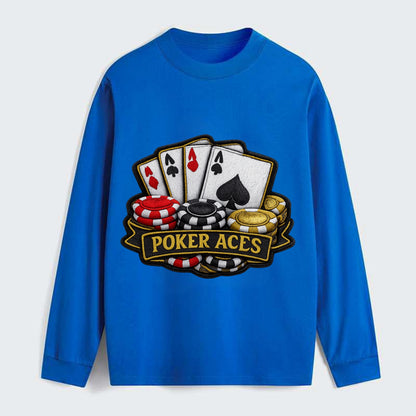 Embroidered patch design - POKER ACES - four aces with chips in red, - Classic Long Sleeve Shirt - Blue