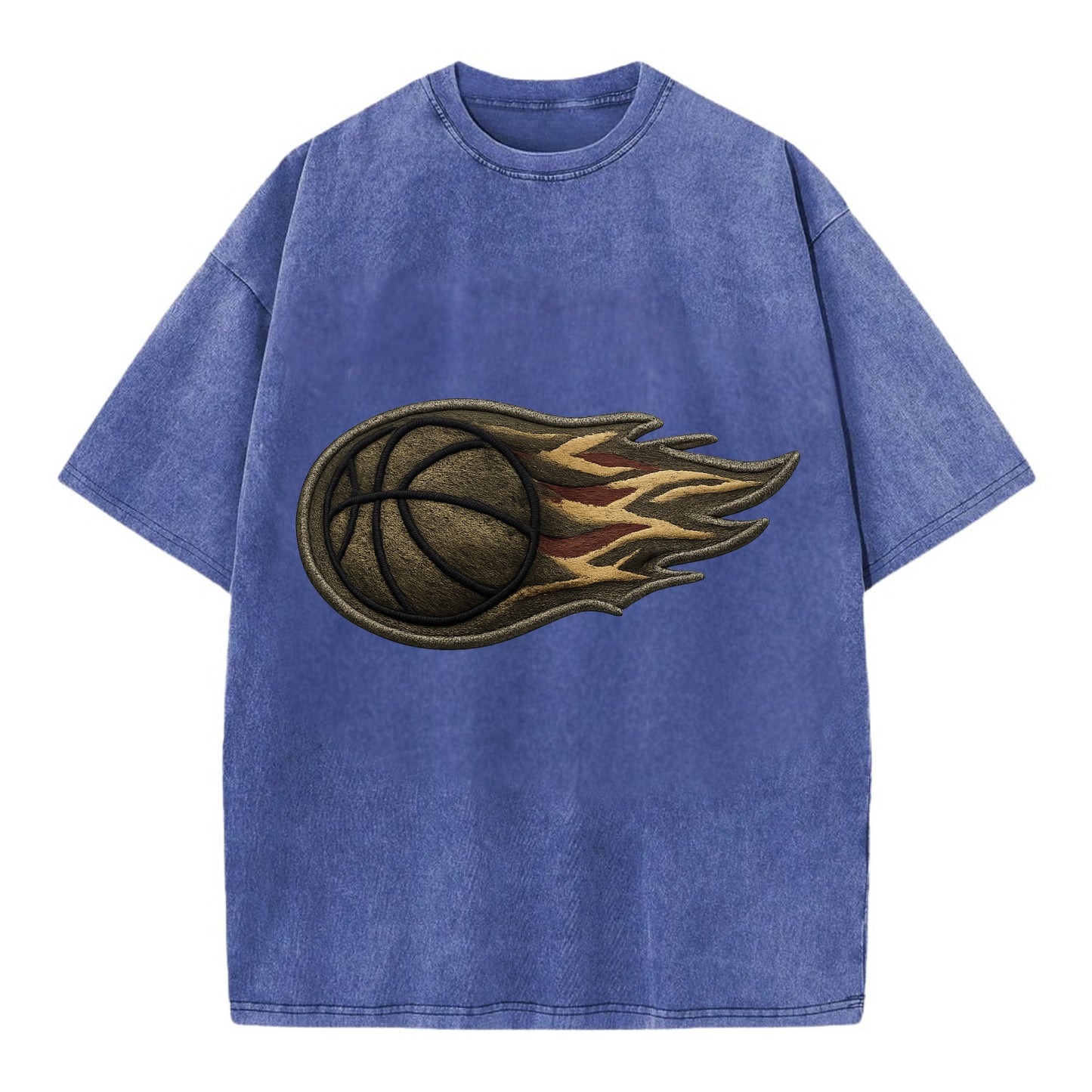 Embroidered patch design - BASKETBALL FLAMING BALL - basketball with flames in - Vintage T-shirt - Blue